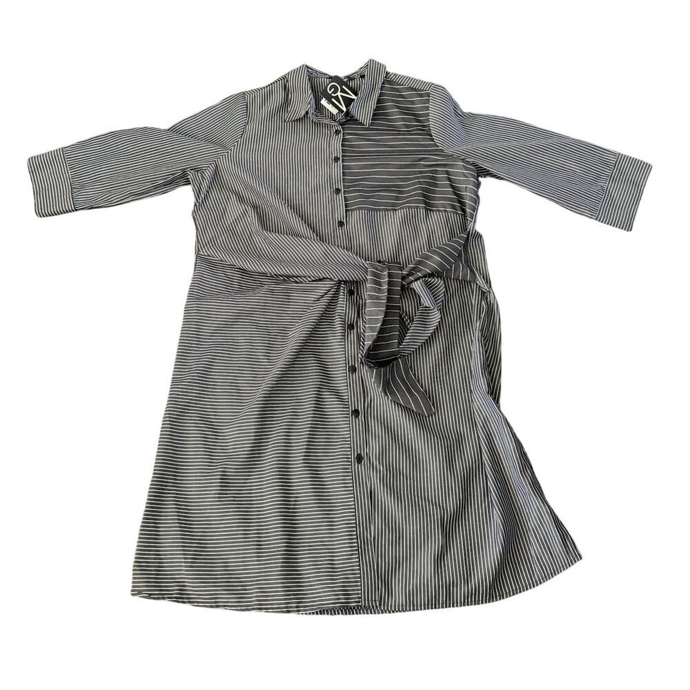 mlle gabrielle Black and White Striped Button Up Dress - 2X